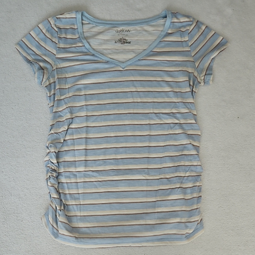 a:glow Women's Blue and White Striped Short Sleeve Top